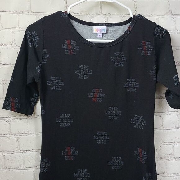 LuLaRoe Julia XS 2/4 Black Abstract Pokeball Knee Length Stretch T-Shirt Dress - Picture 2 of 11